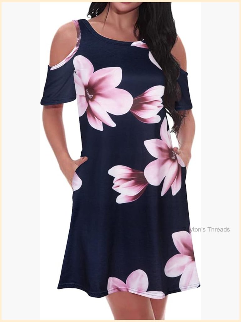Cold Shoulder Short Sleeve Sundress With Pockets A-Line Swing Dress